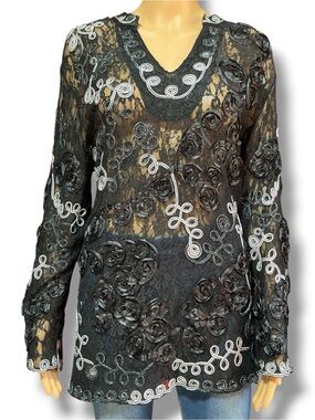 Once Again Black Sheer Lace Top with Silver Metallic Appliqué Blouse
